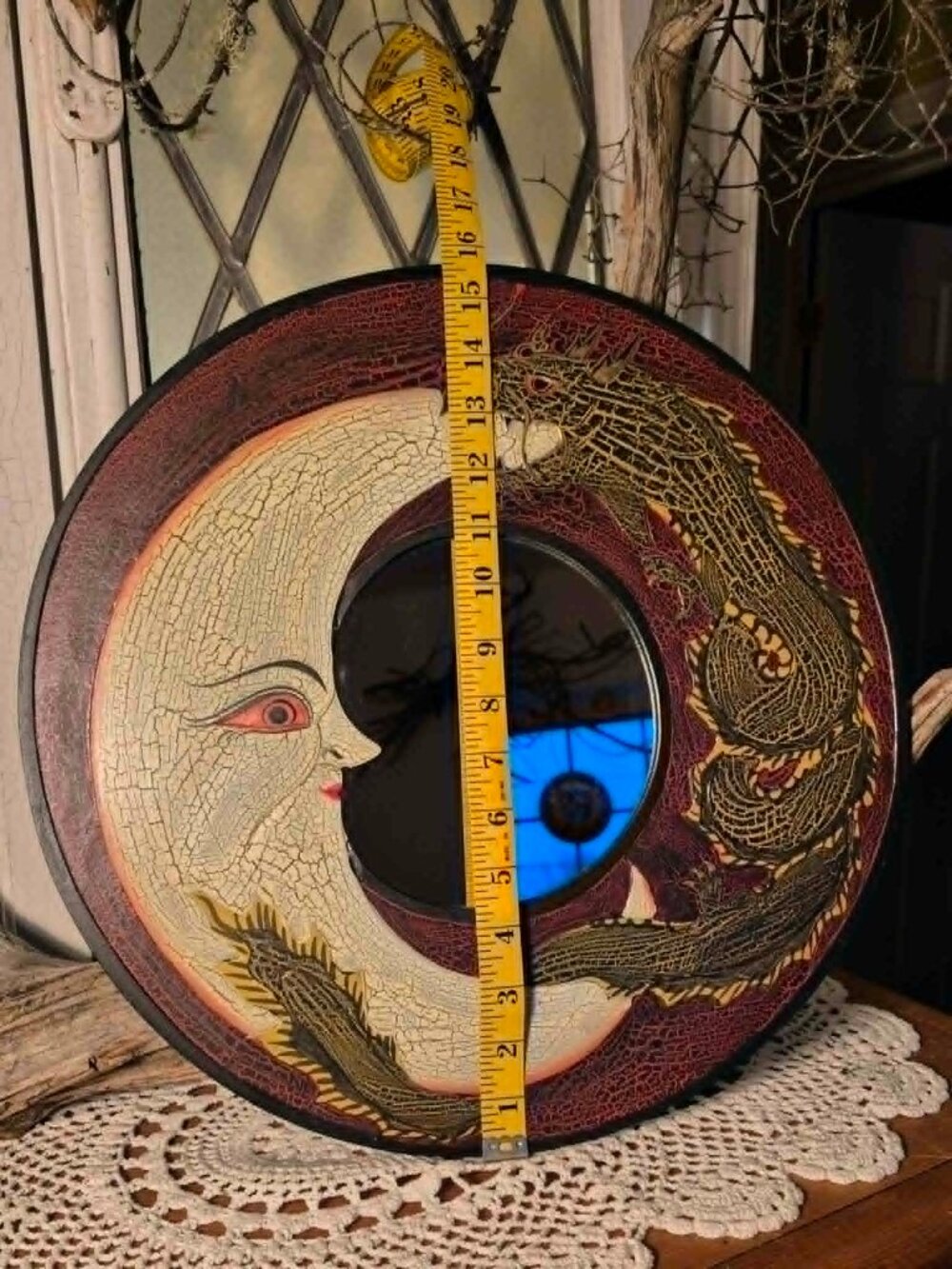 Beyond Midnight Collection 🌙 Vintage Wooden Moon & Dragon Wall Mirror 15.5" - Picture 8 of 10